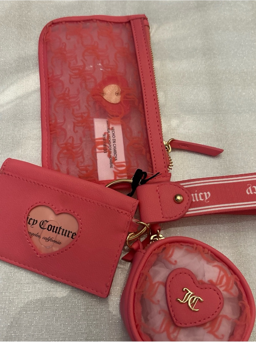 Juicy Couture Coral Pink Card Holder, Coin Pouch & Wrist Strap Set